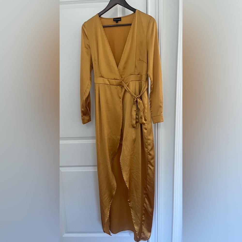 PrettyLittleThing romper with wrap dress overlay mustard yellow satin size 8